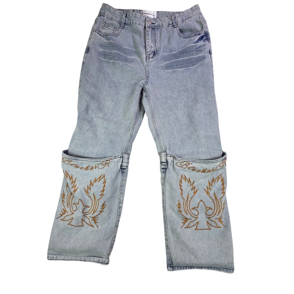 Made‎ Extreme Cowboy Cuff Embroidered Jeans Size 32x25 BlackAir Streetwear